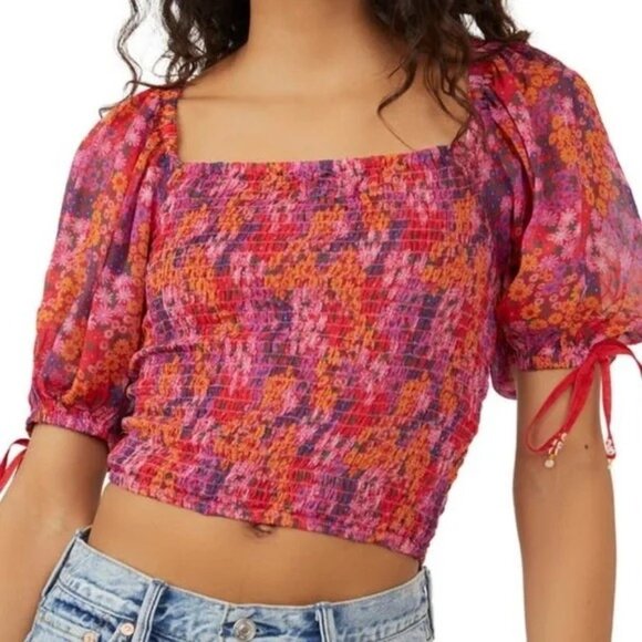 Free People Floral Smocked Open Back Crop Top Boho Womens Size Medium - Picture 1 of 7